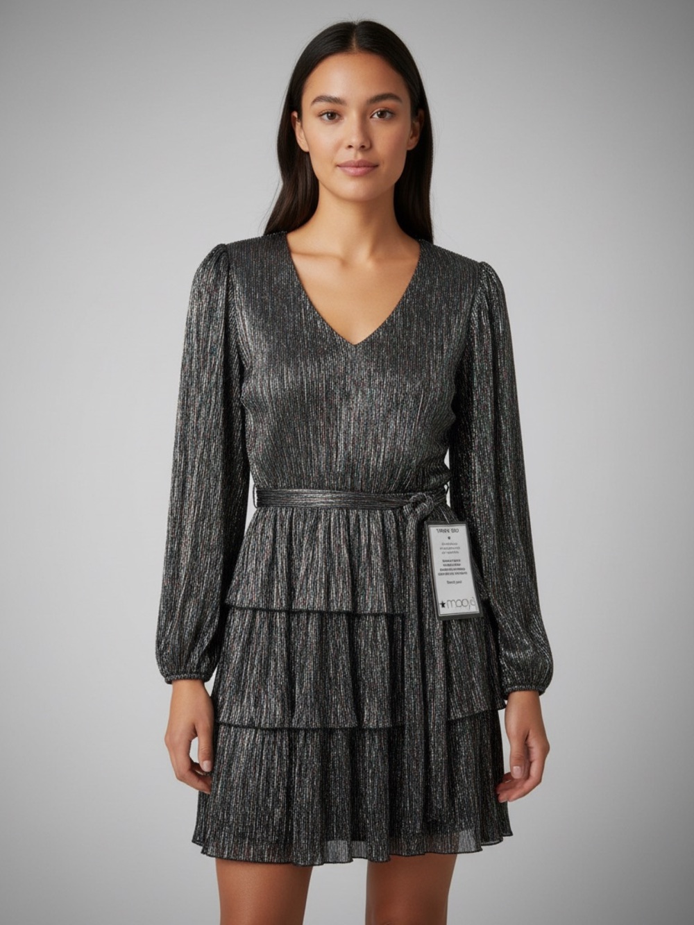 City Studio Rainbow Metallic-Stripe Black V-Neck Tiered Mini Dress Size M/L NWT